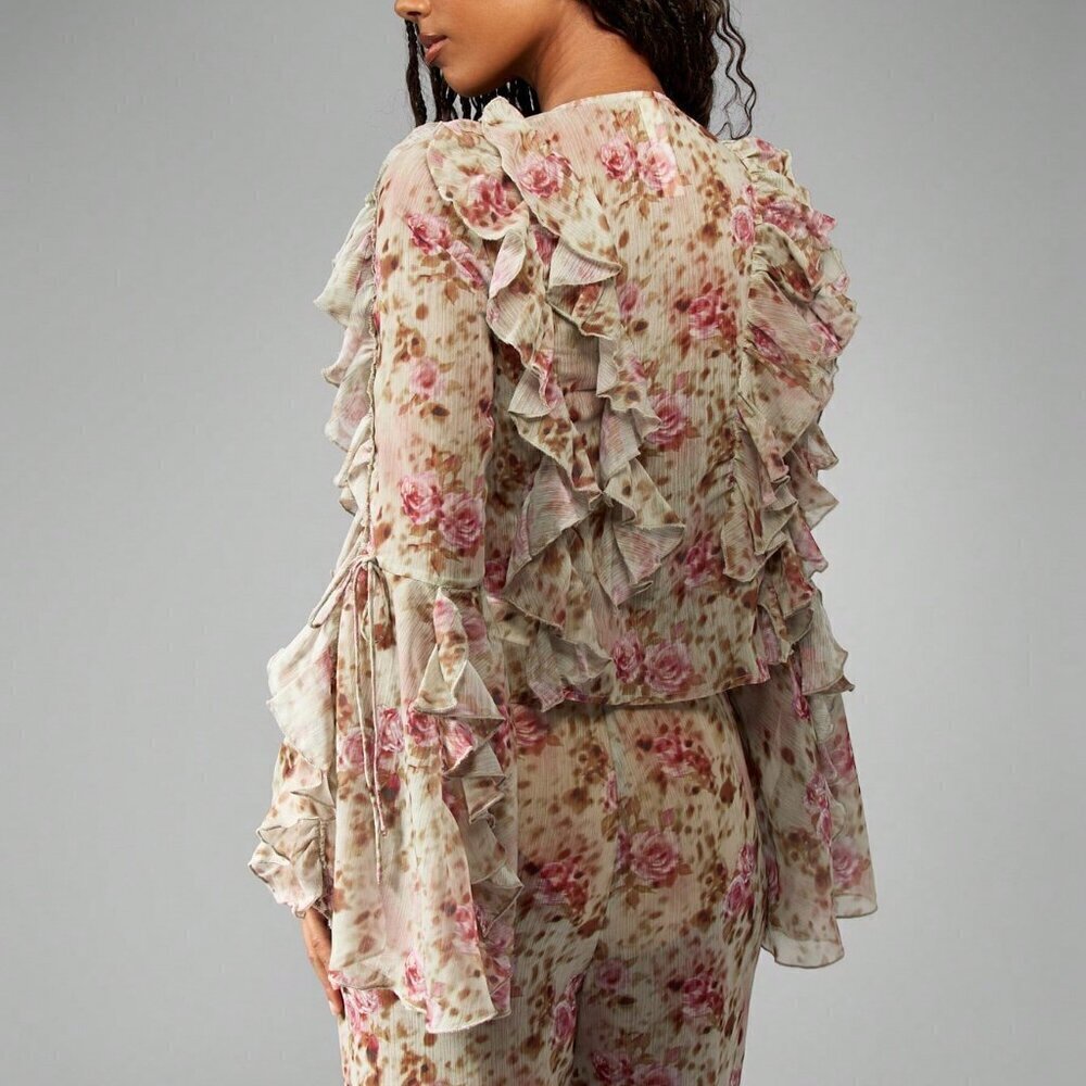Multicolor Boho Women's Floral Ruffled Chiffon Long Sleeve Tie Front blouse - Picture 2 of 6